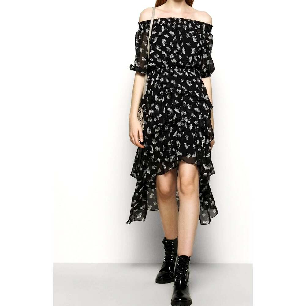 Maje Paris Floral Ruffle Dress Size L Black Off Shoulder High Low Midi